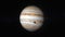 The Jupiter planet and Callisto, Europa, Ganymede, in the space. 3d animation.