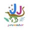Juravenator. Cute cartoon hand drawn illustration with dinosaur and J letter.