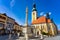 Jurisics square in the historical beautiful Koszeg Hungary with statue and St. Emericâ€™s Church