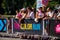 Jurmala, Kauguri, Latvia - August 14 2022: Close-up of a banner with the logo of a running competition with colored powder.
