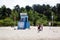 Jurmala, Latvia - May 20, 2017: Rescue station with solar panels on the roof. Lifeguard watches the beach.