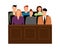 Jury trial. Jurors court in courtroom, prosecution people vector illustration