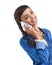 Just calling to say hi. Studio shot of a young woman using her cellphone isolated on white.