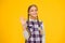 Just excellent. Happy international childrens day. Little girl yellow background. Good mood concept. Positive vibes