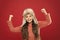 Just glad. Caring fur garments. Child long hair soft hat enjoy softness. Winter fashion concept. Warm hat for cold