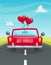 Just maarried car with balloons, back view, wedding concept, cartoon vector illustration