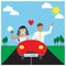 Just married couple in the red car going to the trip