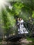 Just married couple releasing a white dove