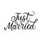 Just married elegant lettering inscription with decorative elements. Black ink wedding quote design for wedding party, bridal