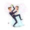 Just married funny couple, bride and groom dance from after wedding ceremony pink background heart vector