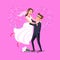 Just married funny couple, bride and groom jumping from after wedding ceremony pink background heart vector