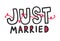 Just Married Outline Hand Written Lettering with Black Font, Red Hearts Wavy Ornament Isolated on White Background