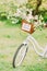 Just married sign on a white bike with wedding decoration