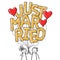 JUST MARRIED stick figure couple holding golden balloon letters, man and woman getting married