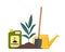 Just planted in the ground sprout and garden tools around. Sprout, shovel, fertilizer and watering can. Vector illustration for