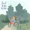 Just ride bike. Smiling girl riding a bicycle in forest. Vector illustration