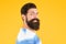 Just smile. brutal bearded man on yellow background. male summer fashion. mature hipster has perfect moustache. happy