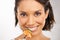 Just what I needed. Portrait of a young woman enjoying a salad.