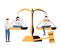 Justice concept, tiny persons vector illustration. Weights and lawyer hammer symbol. Equality and freedom measurement with persons