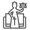 Justice figure line icon. Stylized goddess of justice, themis and book. Jurisprudence vector design concept, outline