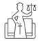 Justice figure thin line icon. Stylized goddess of justice, themis and book. Jurisprudence vector design concept