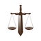 Justice, judgment icon. Law office, attorney, lawyer logo or label. Judicial scales and sword symbol, vector
