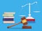 Justice and law concept. Scales of justice, judge wood hammer and stack of books
