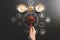 justice and law concept.Top view of Male judge hand in a courtroom with the gavel and brass scale on dark wood table with