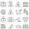 Justice, law, lawyer and court line icon set