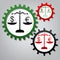 Justice scales with currency exchange sign. Vector. Three connected gears with icons at grayish background.. Illustration.