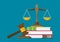 Justice scales and wooden judge gavel. Law hammer sign with books of laws. Legal law and auction symbol. Libra in flat design.