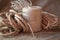 Jute rope and spools of burlap threads or twine