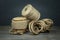 Jute rope and spools of burlap threads or twine