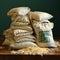 Jute sacks filled with rice and wheat with a plain background and organic agricultural rice fields