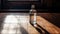 Juxtaposition Of Light And Shadow: Captivating Image Of An Empty Bottle On A Wooden Table