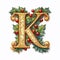 K capital letter. Christmas theme with holly leaves and berries. Style of an illuminated manuscript