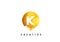 K Gold Letter Logo Design with Round Circular Golden Texture.