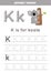 K is for koala. Tracing English alphabet worksheet.