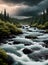 K visuals of river in coniferous forest.