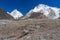 K2 and Broadpeak mountain behind Baltoro glacier, K2 trek, Pakistan