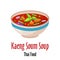 Kaeng soum thai soup icon, spicy tasty dish in colorful bowl isolated vector illustration.