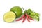 Kaffir leaves, limes and red Thai chilli on white backround