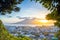 Kagoshima city downtown skyline cityscape  with Sakurajima Volcano in Kyushu, Japan