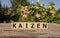 Kaizen improvement sign made of blocks on a wooden desk on green background.