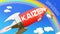 Kaizen lead to achieving success in business and life. Cartoon rocket labeled with text Kaizen, flying high in the blue sky to