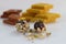 Kaju Choco Chips Laddu in front of Badam burfi and kesar barfi