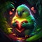 Kakapo hugging heart A cute green parrot with a heart in his hands stands in a dark forest. Generative AI animal ai