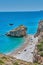 Kaladi beach, scenery with crystal clear water and the rock formation against a deep blue sky in Kythira island during Summer