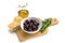 Kalamata black olives, olive oil, bread and rosemary garnish on