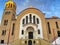 KALAMATA, GREECE - JANUARY 2022: Urban view of Taxiarches church in Kalamata, Greece. It is the largest sacred temple in the town